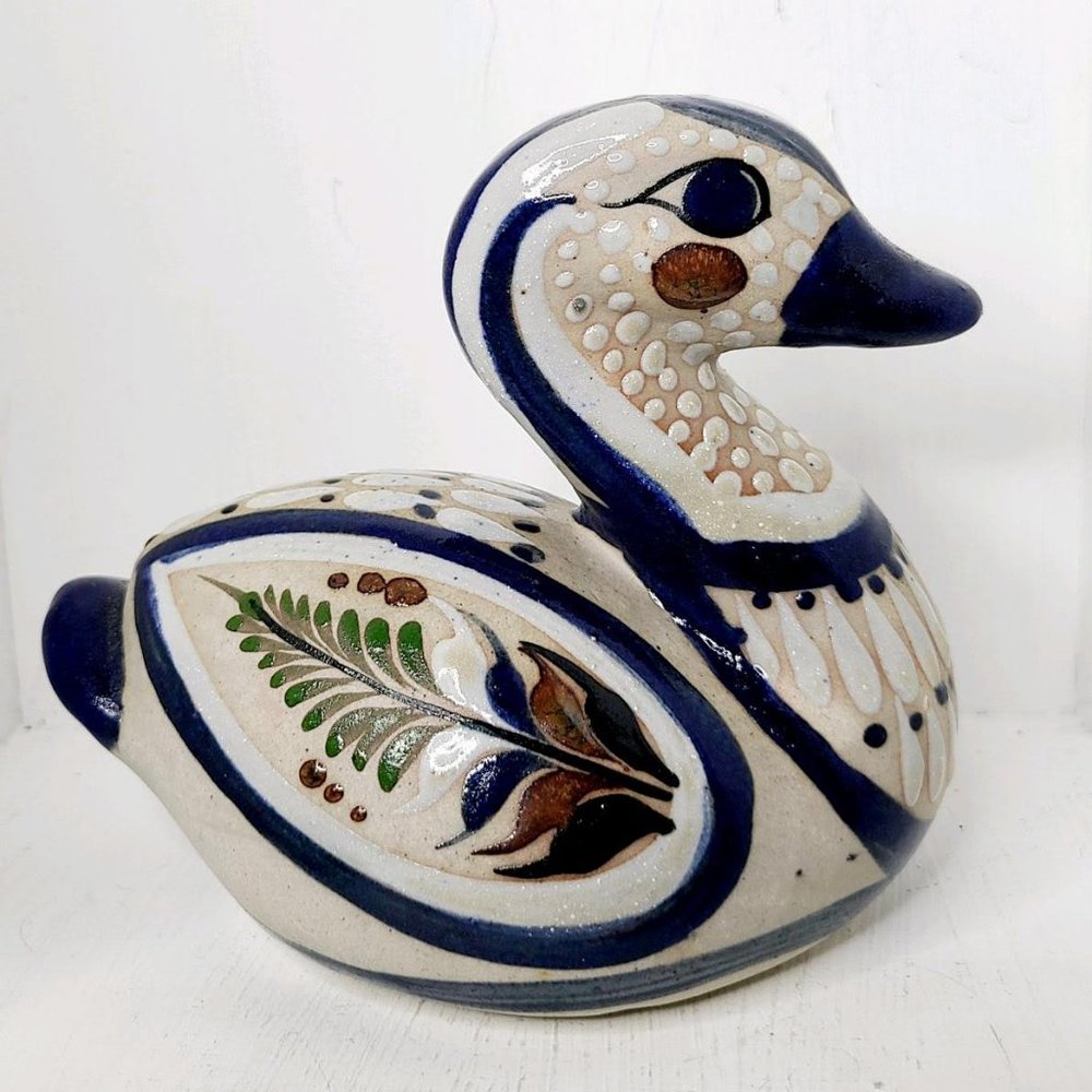 Vintage Tonala Mexico Pottery Stoneware Duck, Signed, EUC, Blue Bird, 6" x 5.5"